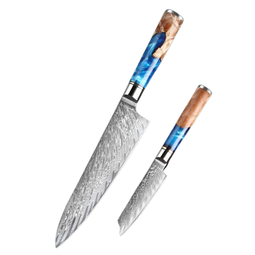 Ensemble de deux couteaux japonais de chef en acier de Damas