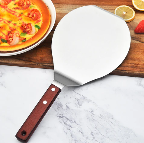 Pelle à pizza courte en acier inoxydable avec manche en bois