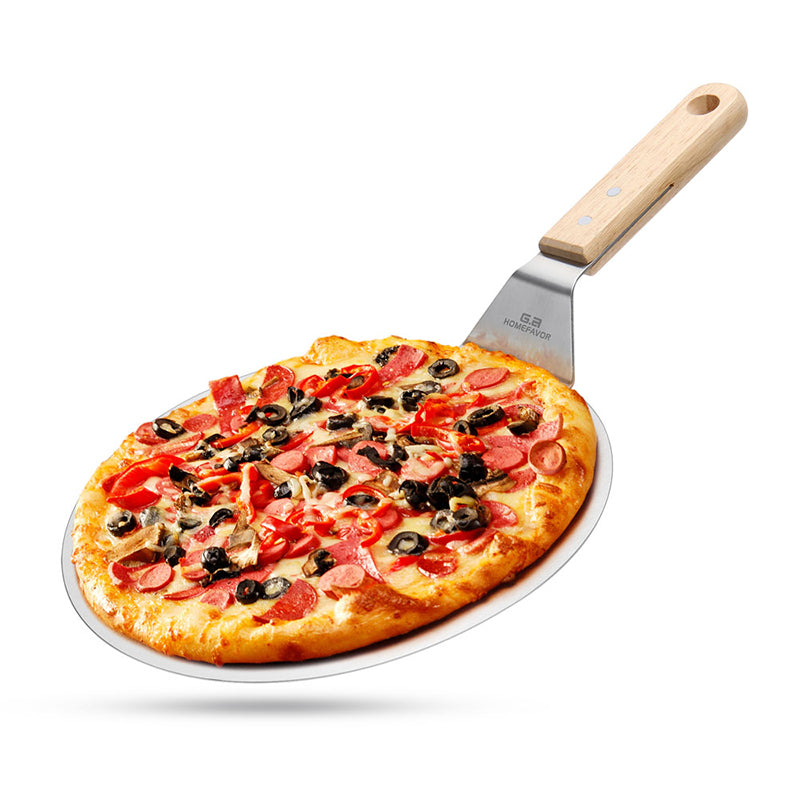 Pelle à pizza ronde en acier inoxydable avec manche en bois de chêne