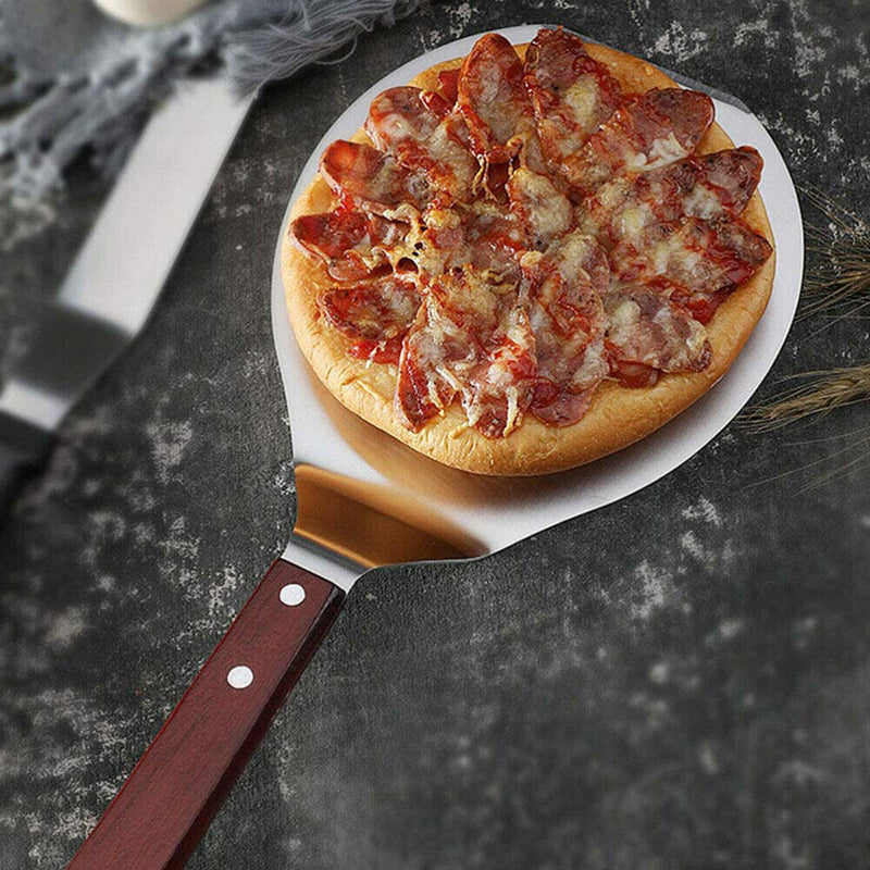 Pelle à pizza courte en acier inoxydable avec manche en bois