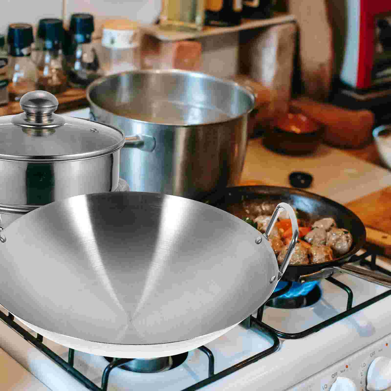 Poêle wok à frire en acier inoxydable avec poignées